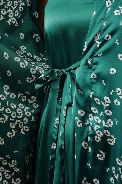 Floral Print Long Nighty & Robe in Bottle Green - Satin