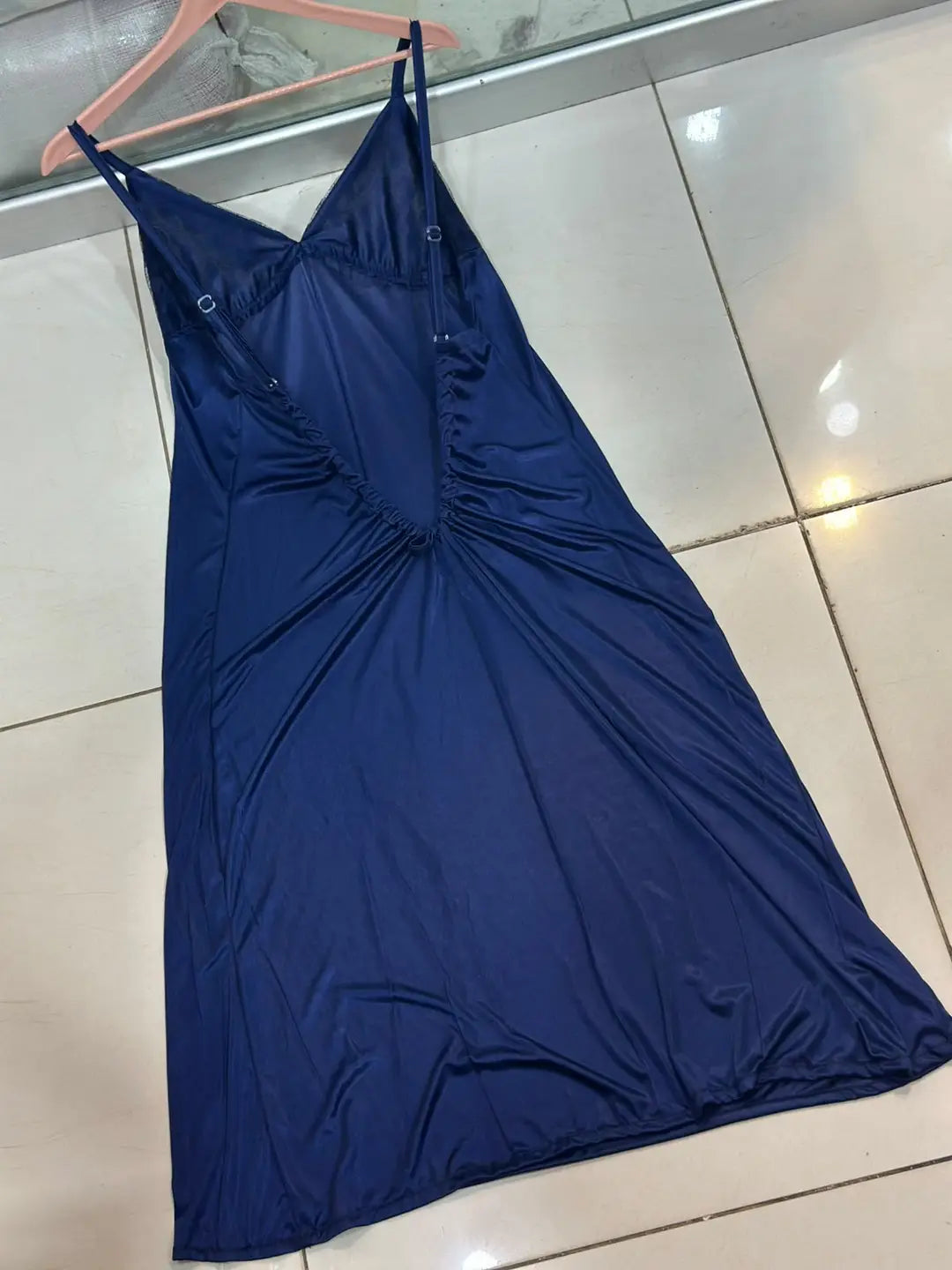 Navy Blue Backless Satin Nightgown with Lace Trim