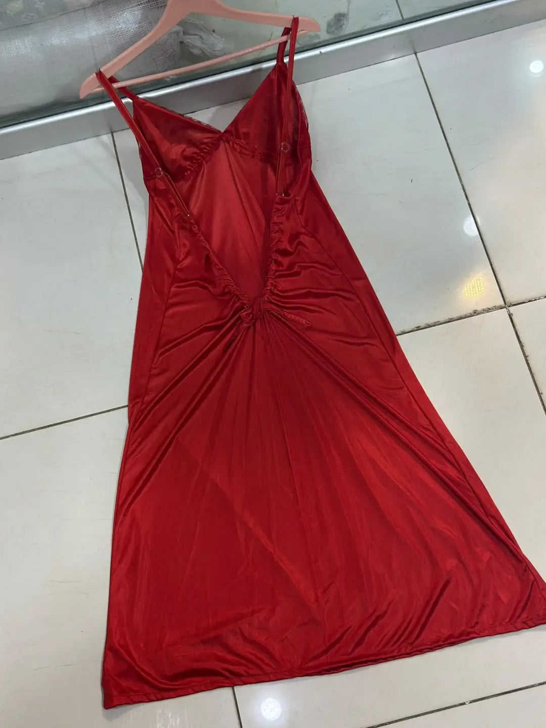 Backless Satin Nightgown with Lace Trim 168920188