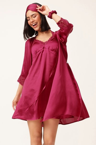 5 Pcs Bridal Nightwear Set in Dark Pink - Satin