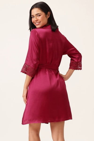5 Pcs Bridal Nightwear Set in Dark Pink - Satin