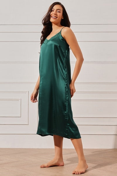 Solid Long Nighty & Floral Print Robe Set in Emerald Green - Satin