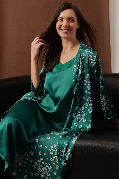 Floral Print Long Nighty & Robe in Bottle Green - Satin