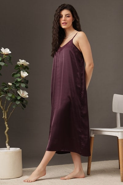 Long Nighty & Robe Set in Wine Colour - Satin