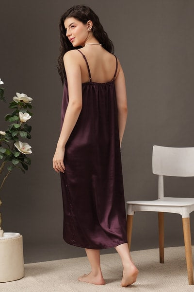 Long Nighty & Robe Set in Wine Colour - Satin