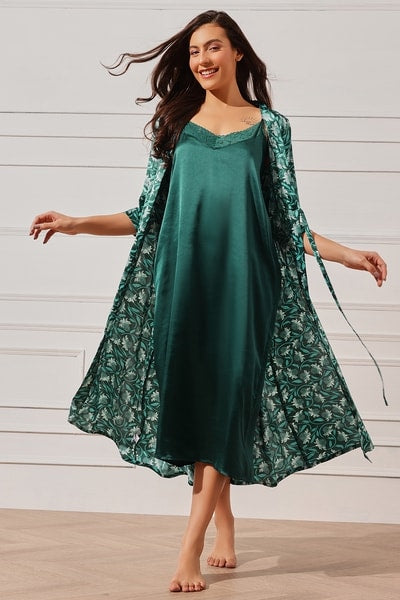 Solid Long Nighty & Floral Print Robe Set in Emerald Green - Satin