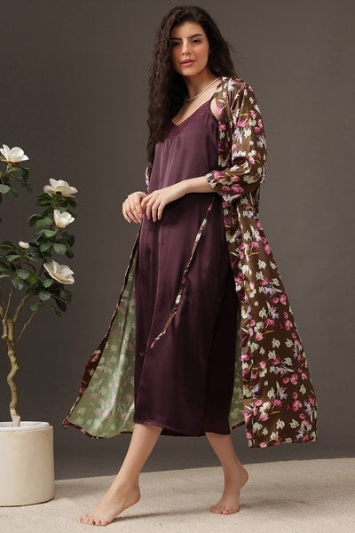 Long Nighty & Robe Set in Wine Colour - Satin