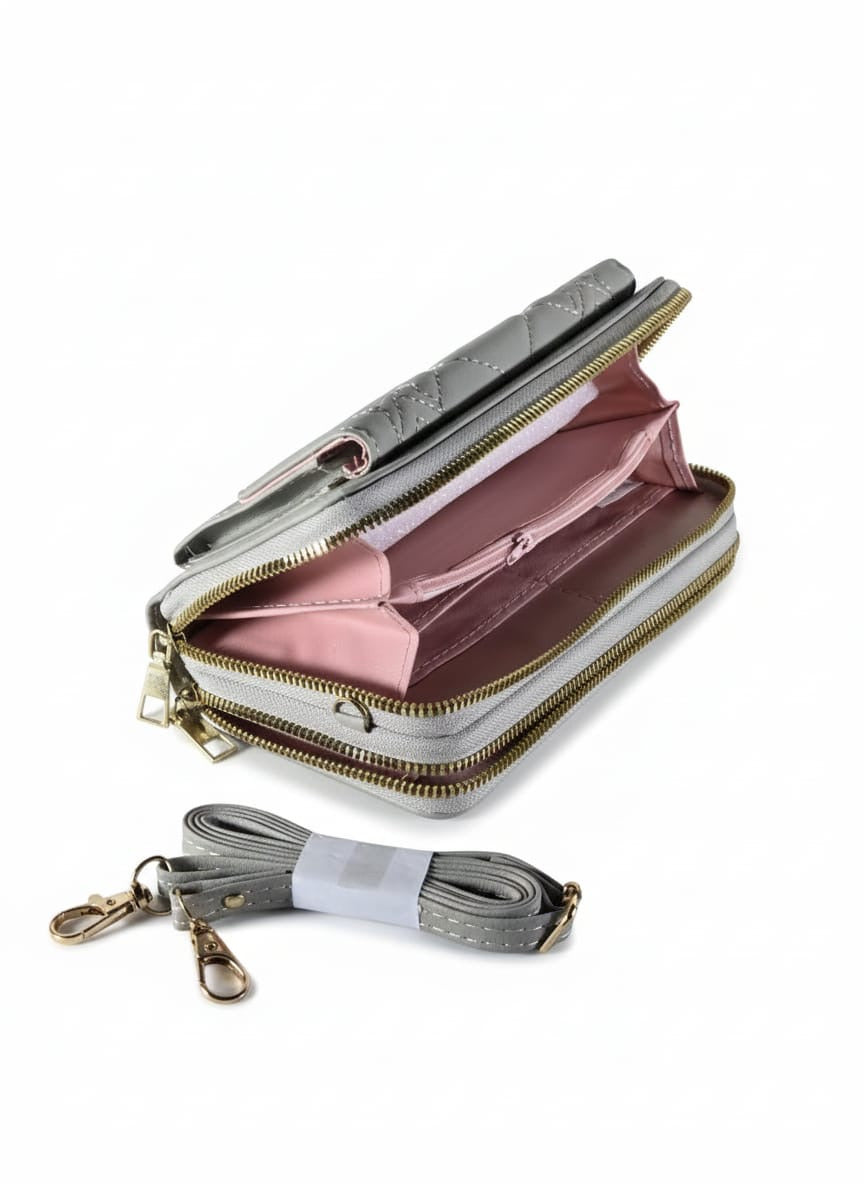 Chic Embroidered Heart Grey Multi-Function Clutch & Shoulder Bag