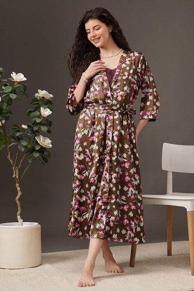 Long Nighty & Robe Set in Wine Colour - Satin