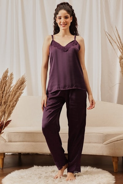 5 Pcs Bridal Nightwear Set in Wine Colour - Satin