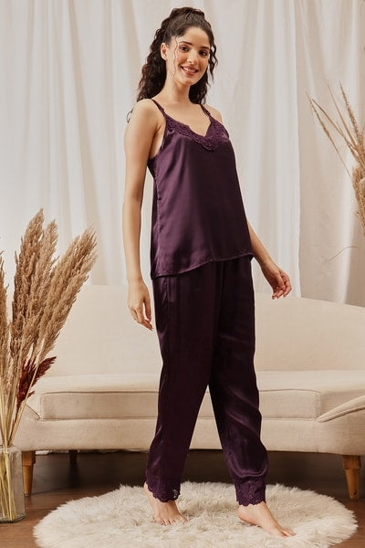 5 Pcs Bridal Nightwear Set in Wine Colour - Satin