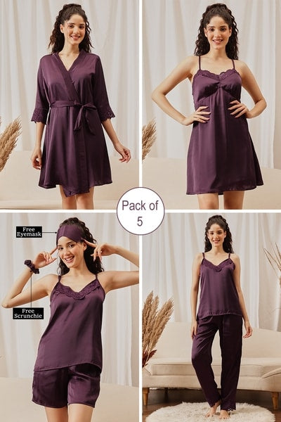 5 Pcs Bridal Nightwear Set in Wine Colour - Satin