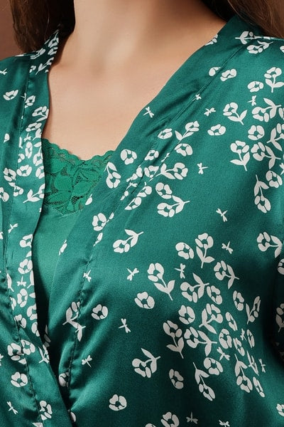 Floral Print Long Nighty & Robe in Bottle Green - Satin