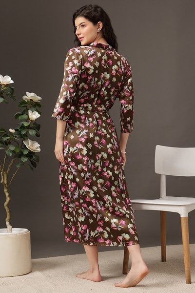 Long Nighty & Robe Set in Wine Colour - Satin