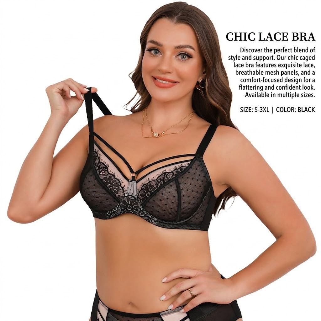 Elegant Black Lace Dotted Caged Bra - Plus Size