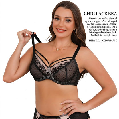 Elegant Black Lace Dotted Caged Bra - Plus Size