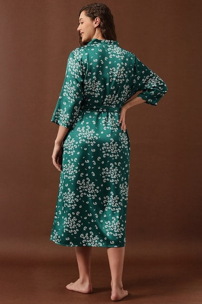 Floral Print Long Nighty & Robe in Bottle Green - Satin