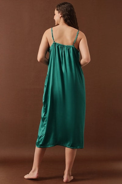 Floral Print Long Nighty & Robe in Bottle Green - Satin