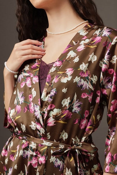 Long Nighty & Robe Set in Wine Colour - Satin