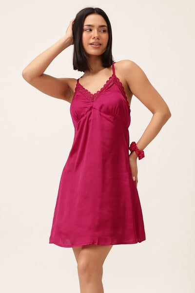 5 Pcs Bridal Nightwear Set in Dark Pink - Satin
