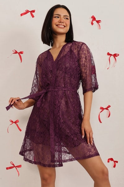 Chic Basic Sheer Robe in Wine - Lace