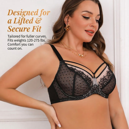 Elegant Black Lace Dotted Caged Bra - Plus Size