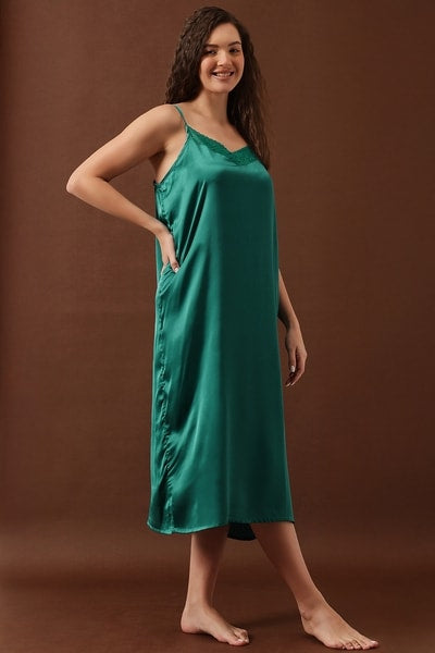 Floral Print Long Nighty & Robe in Bottle Green - Satin