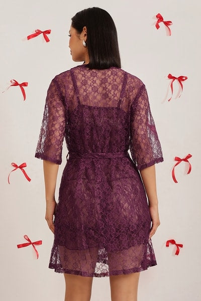 Chic Basic Sheer Robe in Wine - Lace