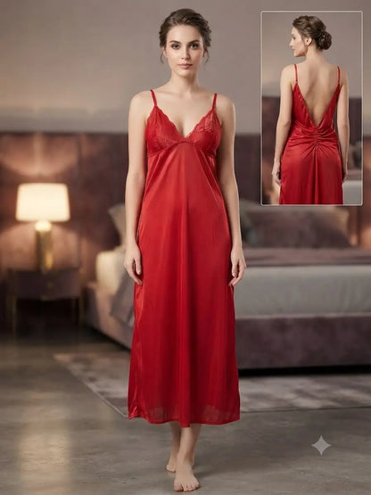 Backless Satin Nightgown with Lace Trim 168920188