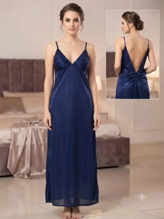 Navy Blue Backless Satin Nightgown with Lace Trim