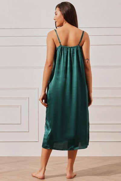 Solid Long Nighty & Floral Print Robe Set in Emerald Green - Satin