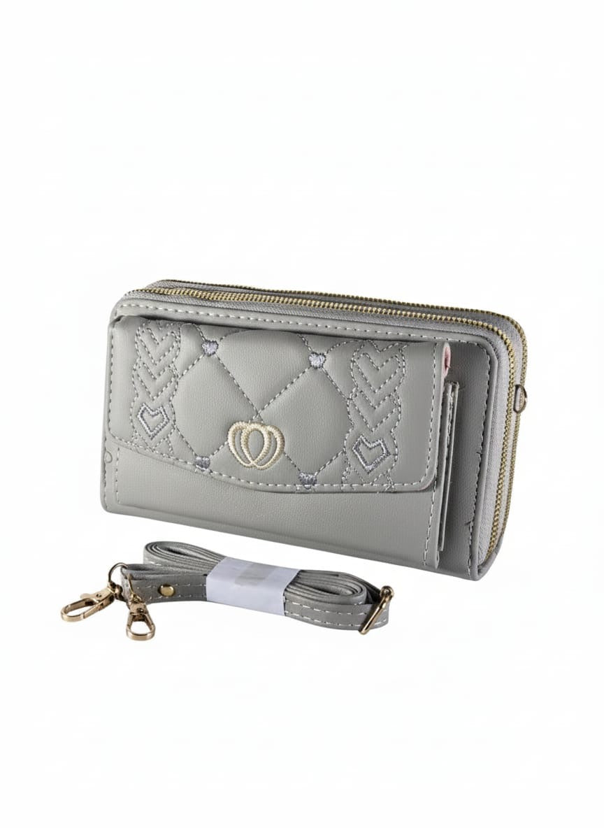 Chic Embroidered Heart Grey Multi-Function Clutch & Shoulder Bag