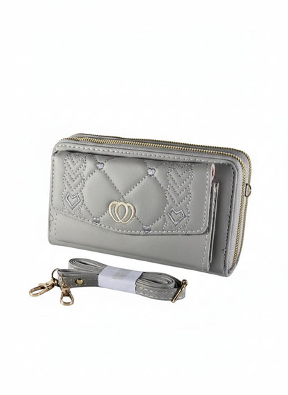 Chic Embroidered Heart Grey Multi-Function Clutch & Shoulder Bag