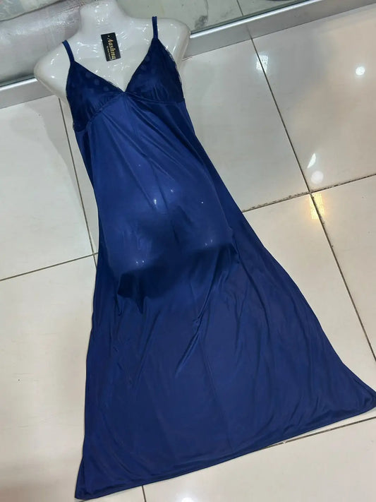 Navy Blue Backless Satin Nightgown with Lace Trim