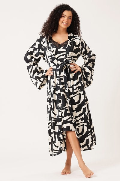 Chic Printed Long Nighty & Robe in Black - Satin