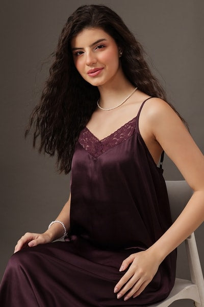 Long Nighty & Robe Set in Wine Colour - Satin