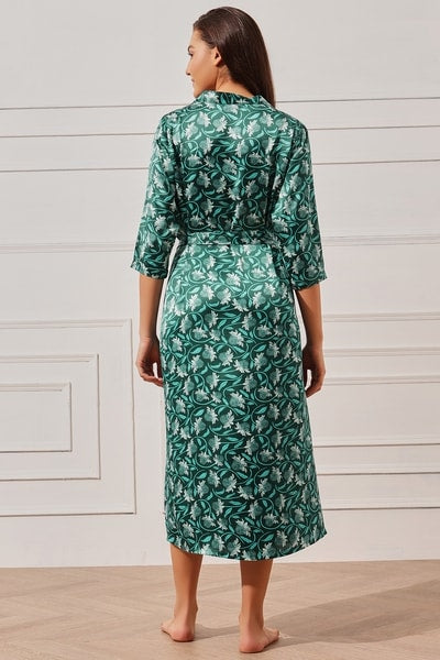 Solid Long Nighty & Floral Print Robe Set in Emerald Green - Satin