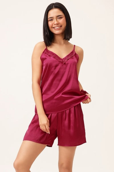 5 Pcs Bridal Nightwear Set in Dark Pink - Satin