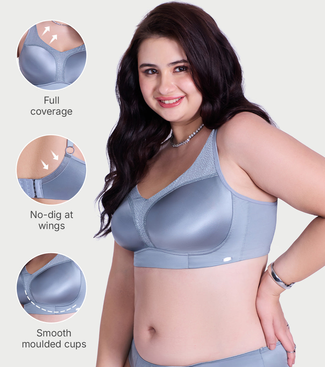 Smooth Satin Comfort T-Shirt Bra with Lace Mesh Insets