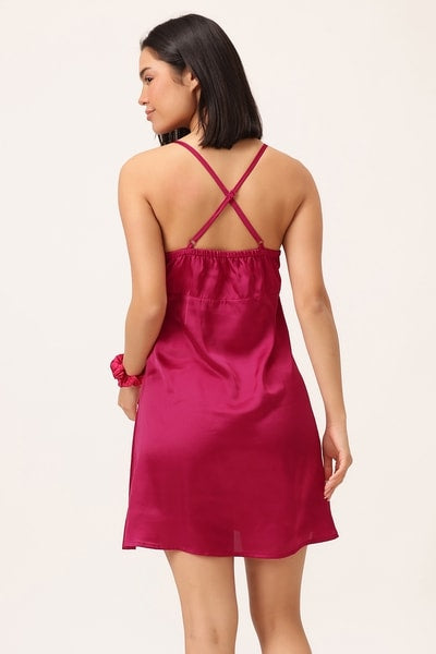 5 Pcs Bridal Nightwear Set in Dark Pink - Satin