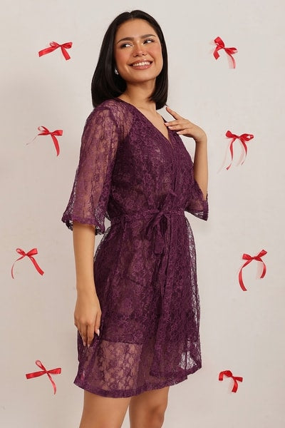 Chic Basic Sheer Robe in Wine - Lace