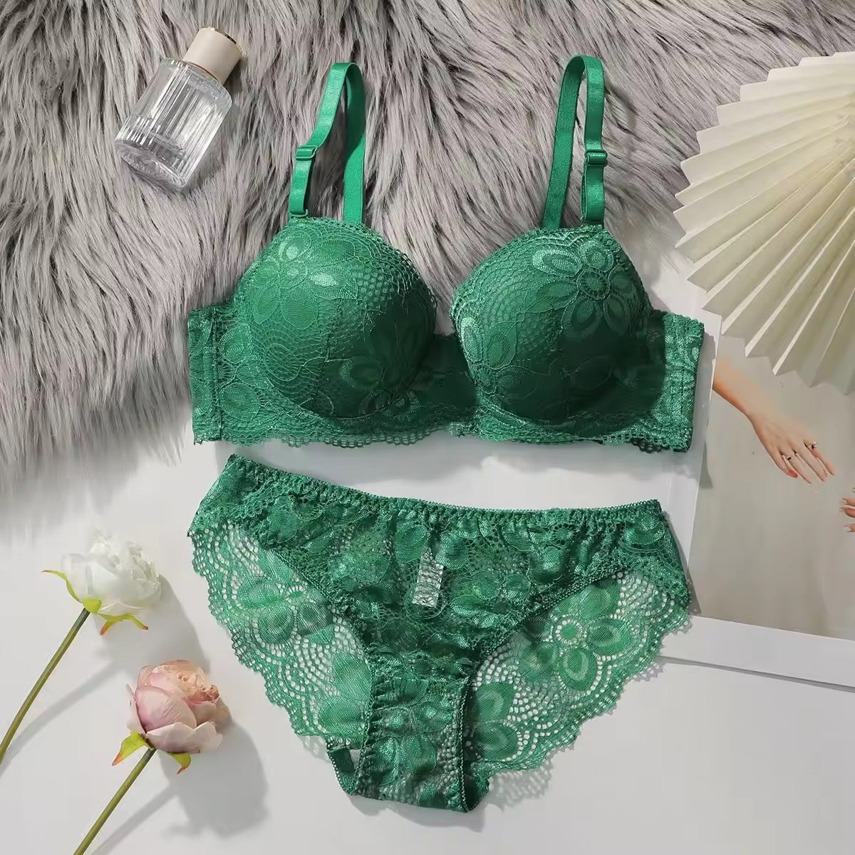Lime Watch Elegant Lace Lingerie Set – Luxurious Floral Underwired Bra & Panty Set