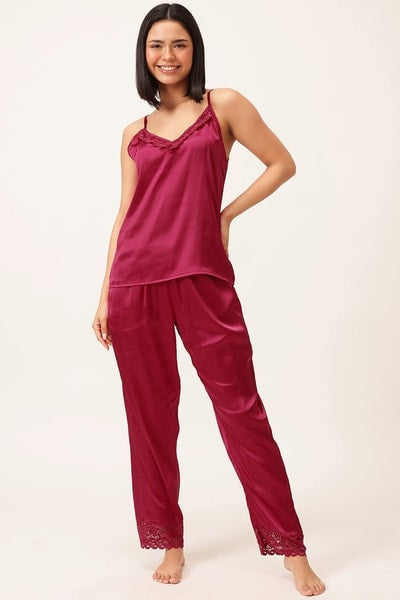 5 Pcs Bridal Nightwear Set in Dark Pink - Satin