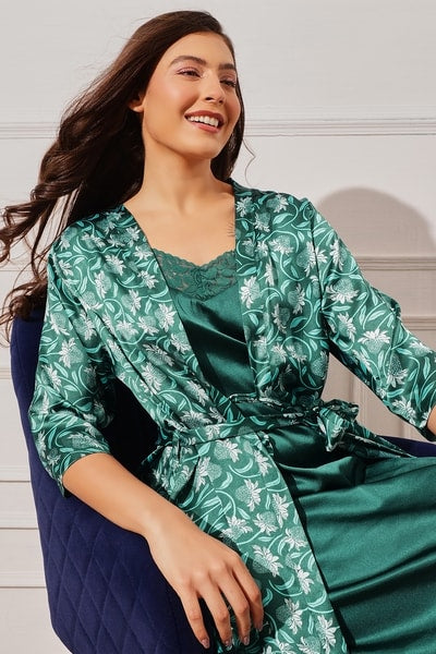 Solid Long Nighty & Floral Print Robe Set in Emerald Green - Satin