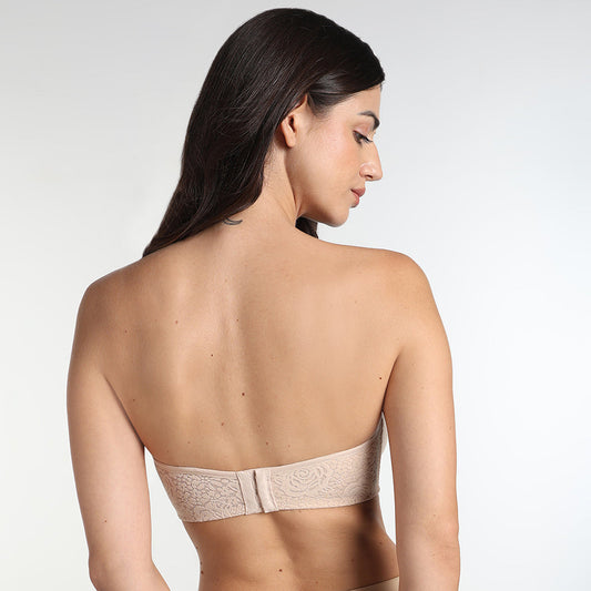 Halo Lace Non Padded Wired Half Cup Bridal Wear Plus Size Strapless Lace Bra - Beige