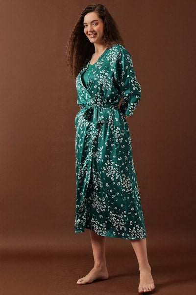 Floral Print Long Nighty & Robe in Bottle Green - Satin