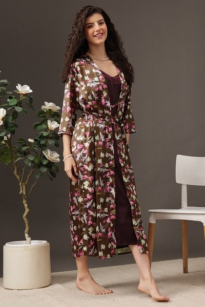 Long Nighty & Robe Set in Wine Colour - Satin