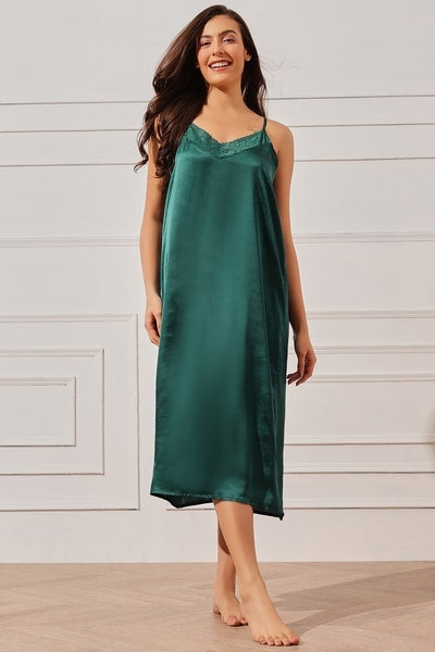 Solid Long Nighty & Floral Print Robe Set in Emerald Green - Satin
